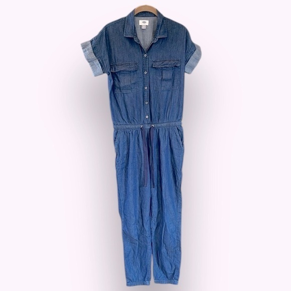 🇪🇸 Old Navy Denim Chambray Jumpsuit | Utility Drawstring Waist Short Sleeve XS - Picture 1 of 6